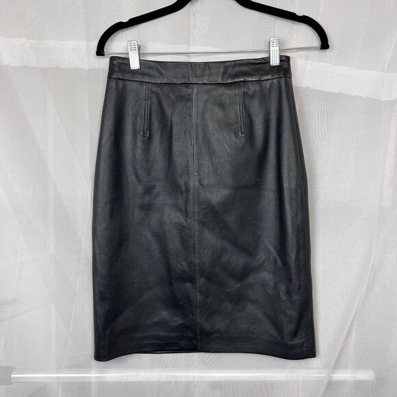 Milly Black Calf Leather Pencil Knee Length Skirt Size 4 - Picture 1 of 10